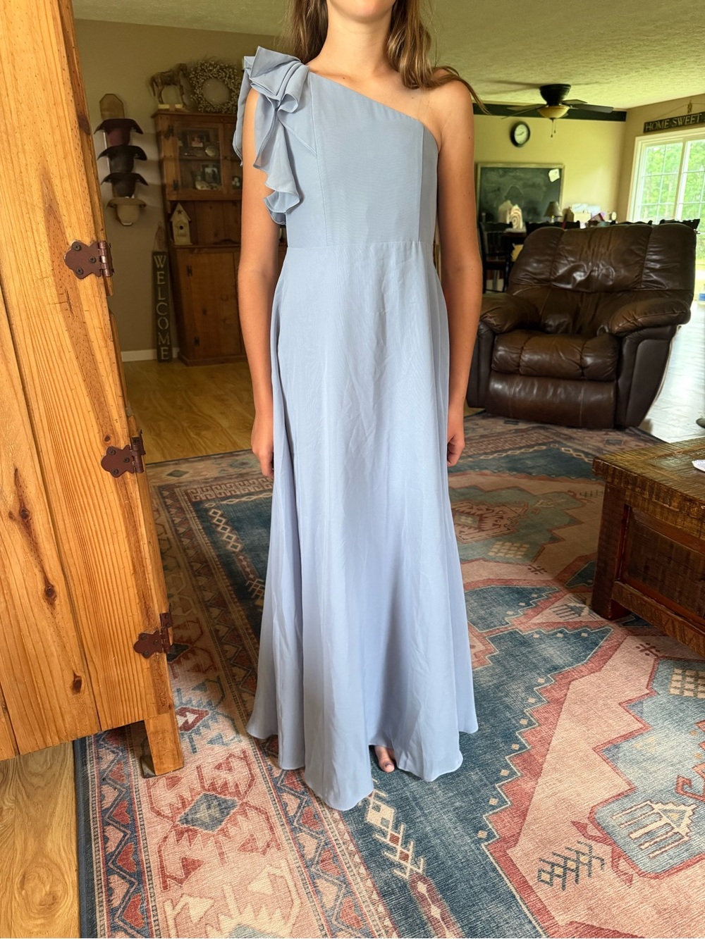 JJs House Light One-Shoulder Ruffle Gown